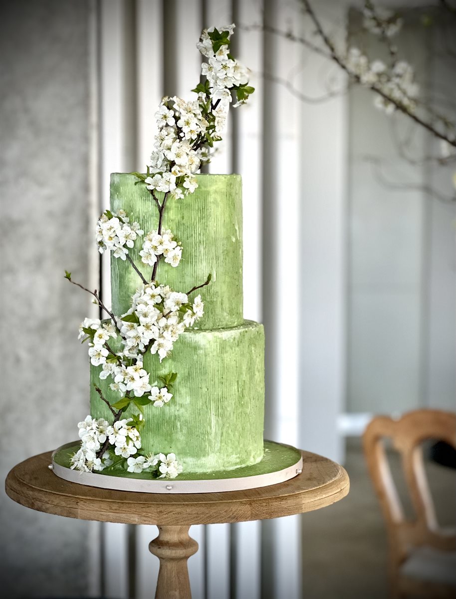 Two-tier jade green textured buttercream cake with cascading white cherry blossom branches