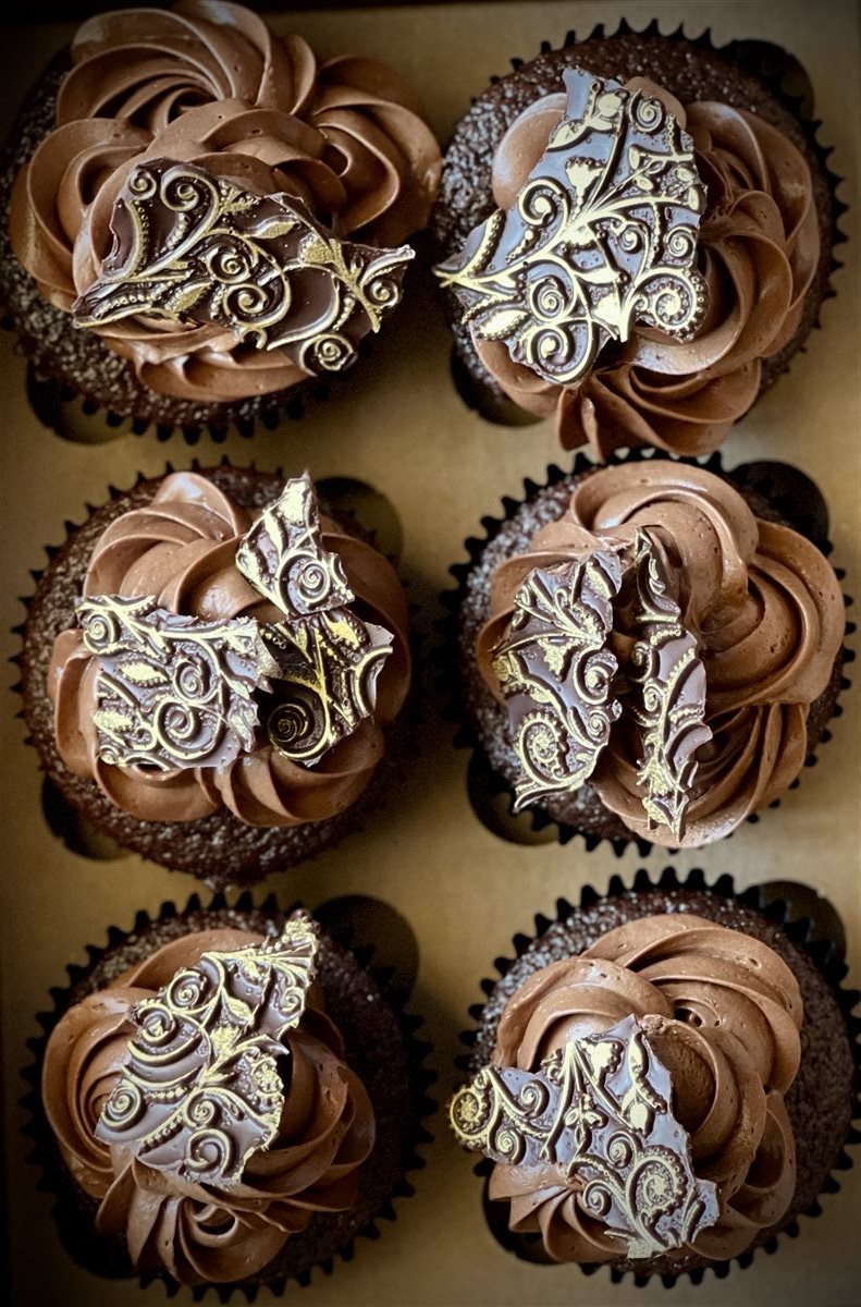 Dark chocolate couverture cupcakes with smooth ganache roses and gold-touched filigree