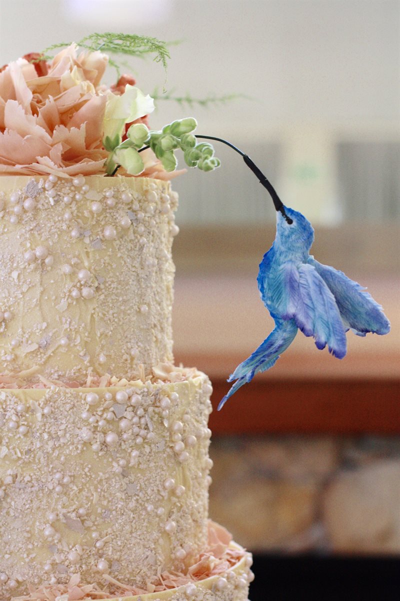 Close detail of white couverture pearl-and-shaving cake with blush hand-sculpted chocolate rose and a hand-painted blue hummingbird in chocolate paste work